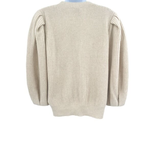 G. Label by GOOP Foster Ribbed Puff Sleeve Cardigan Sweater Ivory Merino Wool - Picture 5 of 11